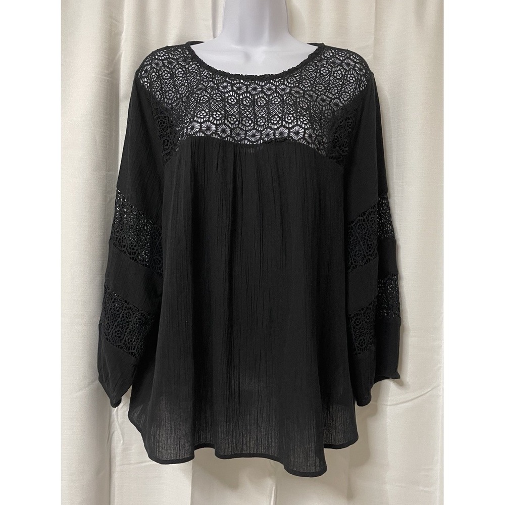 Old Navy Womens Top Black Cotton Gauze Crochet lace Boho Blouse Sz XL